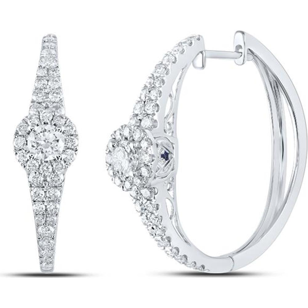 14K White Gold Halo Hoop Earrings with Round Diamonds and Blue Sapphire Accents - 1.50 Carat Total Diamond Weight, 0.02 Carat Total Sapphire Weight