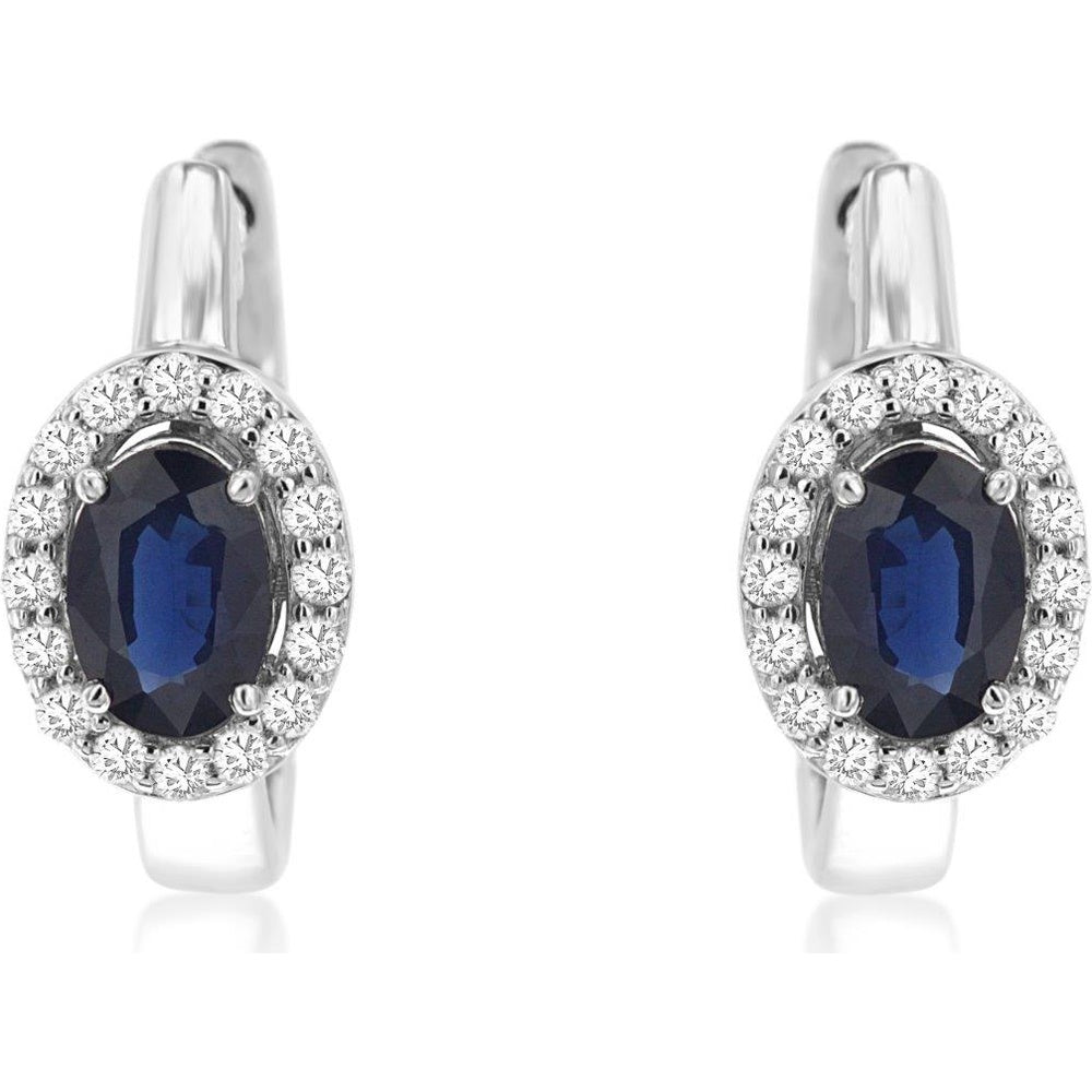 14K White Gold Halo Huggie Earrings with Oval Sapphires and Round Diamonds - 1.30 Carat Total Sapphire Weight and 0.25 Carat Total Diamond Weight - Royal Jewelry