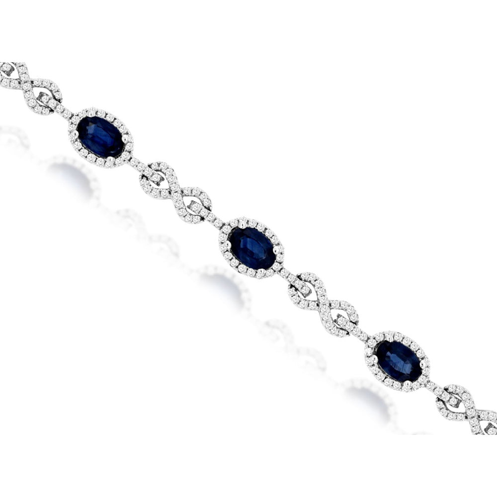 14K White Gold Halo Link Bracelet with 5.20 Carat Oval Sapphires and 2 Carat Pavé-Set Diamonds - Royal Jewelry