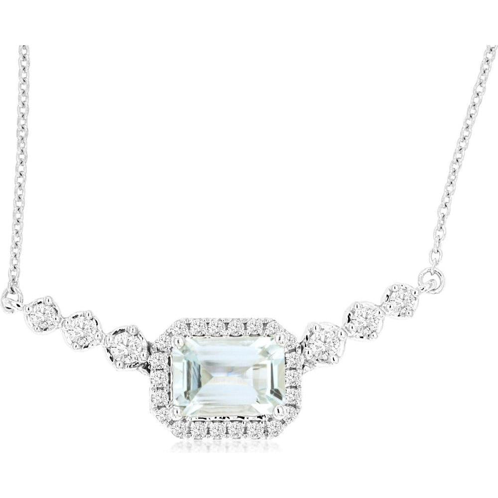 14K White Gold Halo Necklace with 0.87 Carat Emerald-Cut Aquamarine and 0.25 Carat Round Diamond Accents - Royal Jewelry
