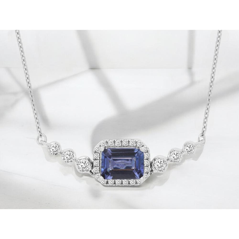 14K White Gold Halo Necklace with Emerald Cut Tanzanite and Round Diamonds - 1.15 Carat Tanzanite, 0.25 Carat Total Diamond Weight - Royal Jewelry