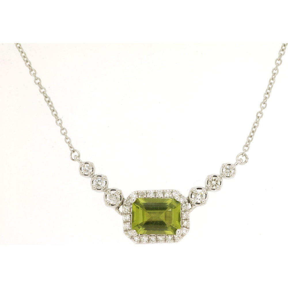 14K White Gold Halo Necklace with Rectangular Peridot and Diamond Stations - 1.10 Carat Peridot and 0.25 Carat Total Diamond Weight - Royal Jewelry
