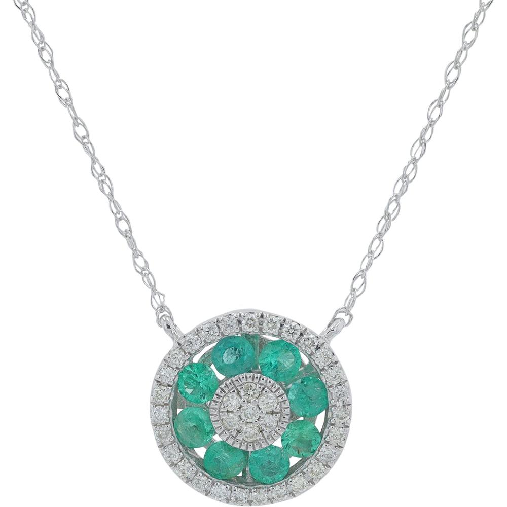 14K White Gold Halo Necklace with Round - Cut Emeralds and Diamond Accents - 0.30 - 0.50 Carat Total Emerald Weight, 0.15 Carat Total Diamond Weight