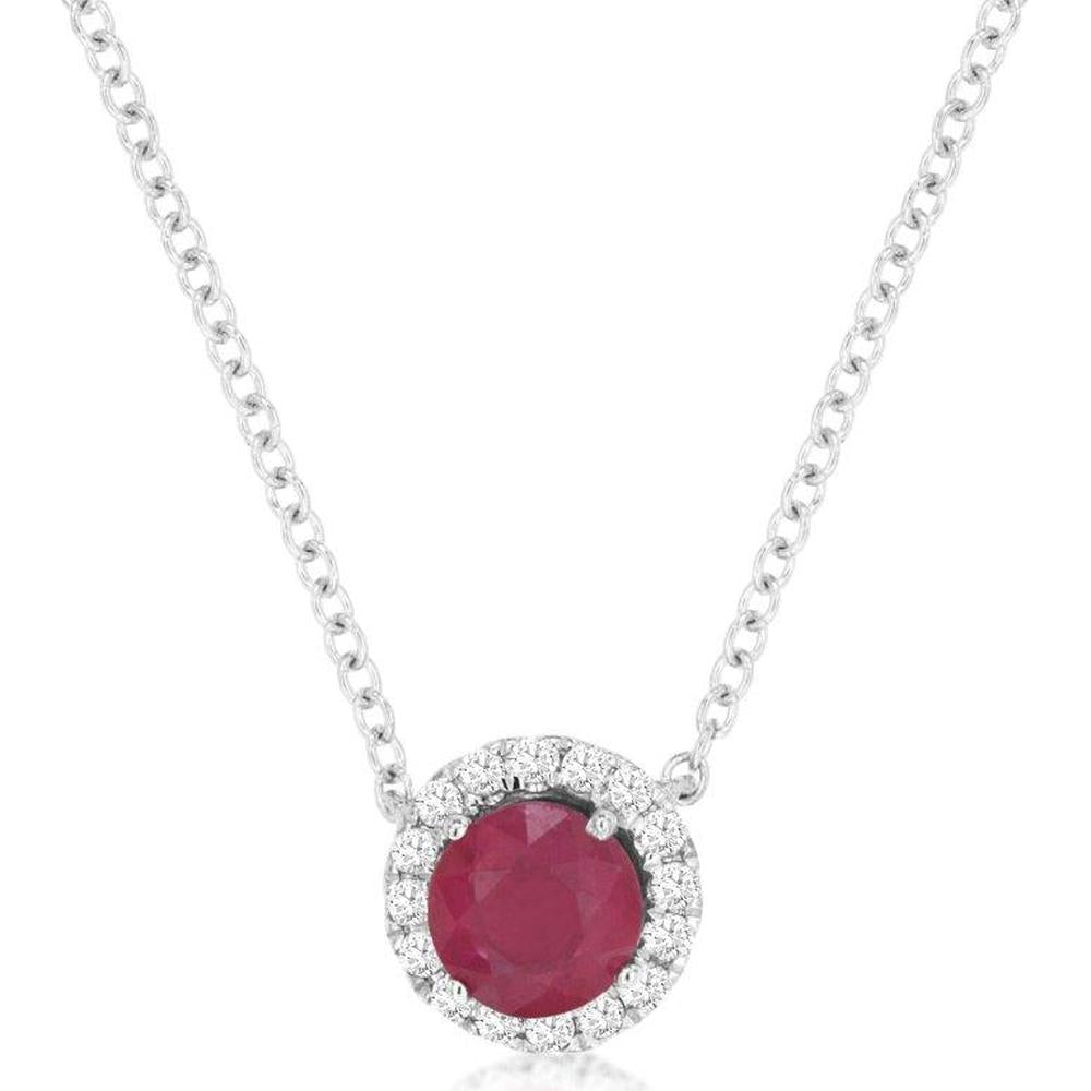 14K White Gold Halo Necklace with Round Ruby and Diamond Accents - 0.70 Carat Ruby, 0.10 Carat Diamond Weight - Royal Jewelry