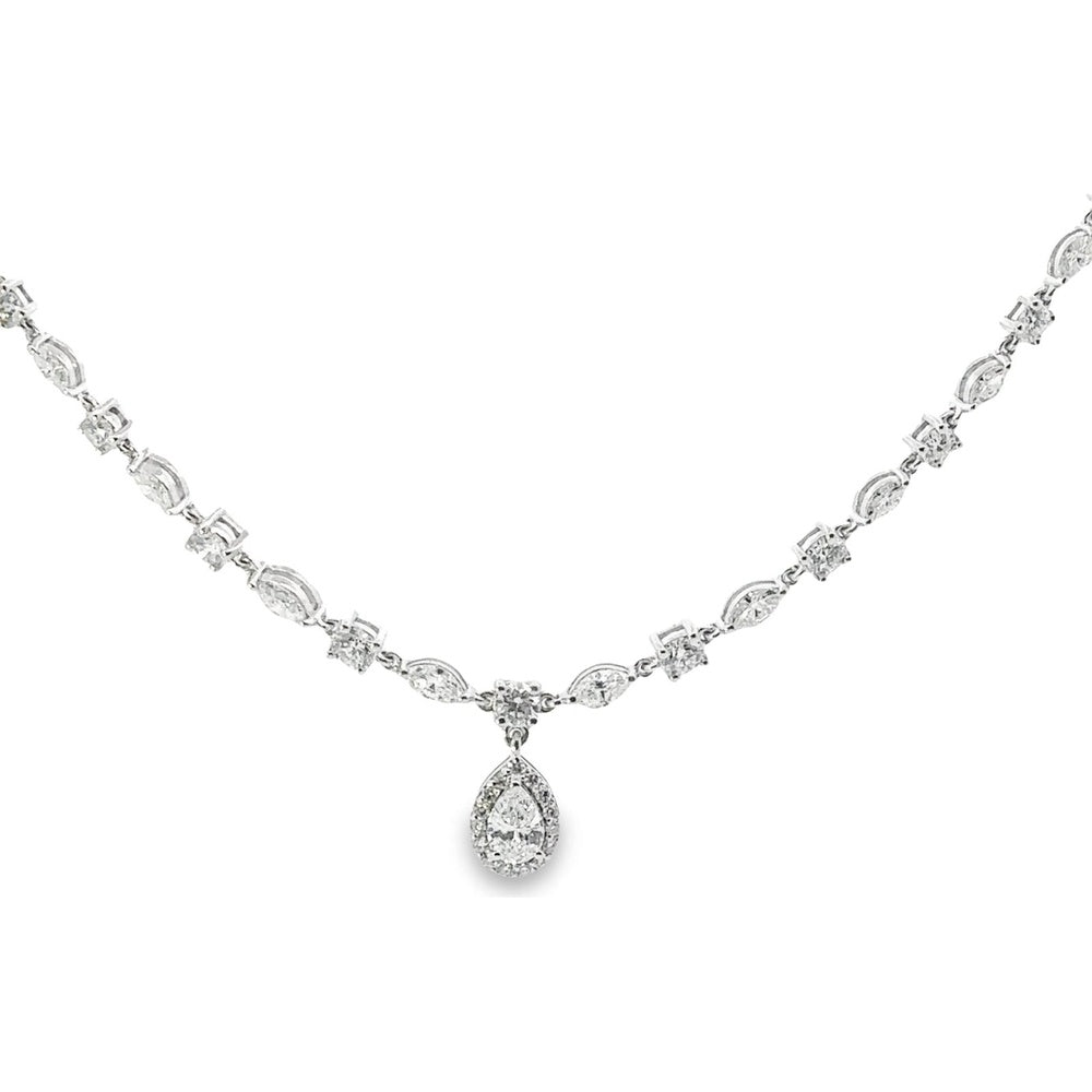 14K White Gold Halo Pear Diamond Pendant Necklace with Alternating Marquise and Round Diamond Station Chain - 7.61 Carat Total Diamond Weight by Auriventus