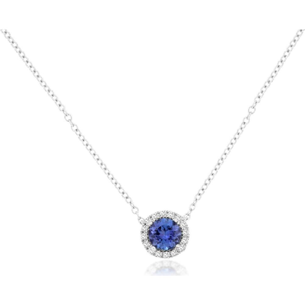 14K White Gold Halo Pendant Necklace with 0.50 Carat Round Tanzanite and 0.10 Carat Diamonds - Royal Jewelry