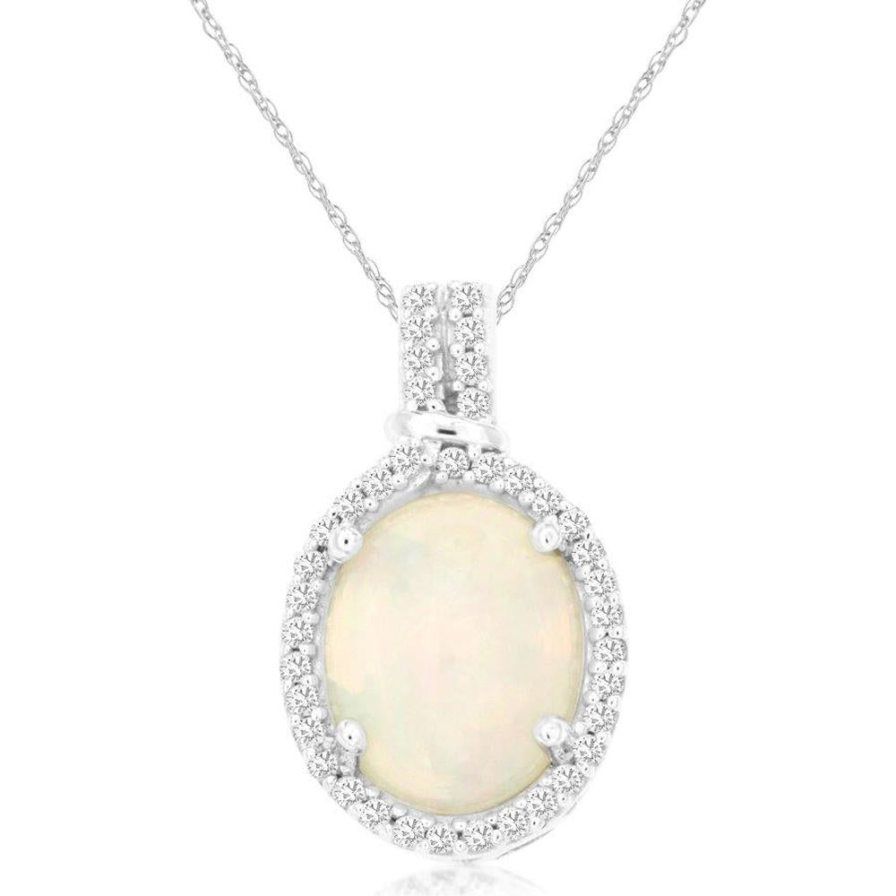 14K White Gold Halo Pendant Necklace with 1.70 Carat Oval Opal and 0.17 Carat Round Diamonds - Royal Jewelry