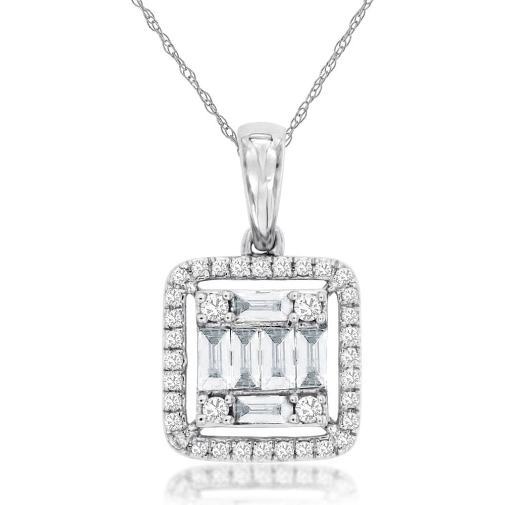 14K White Gold Halo Pendant Necklace with Baguette and Round Diamond Cluster - 0.45 Carat Total Diamond Weight - Royal Jewelry