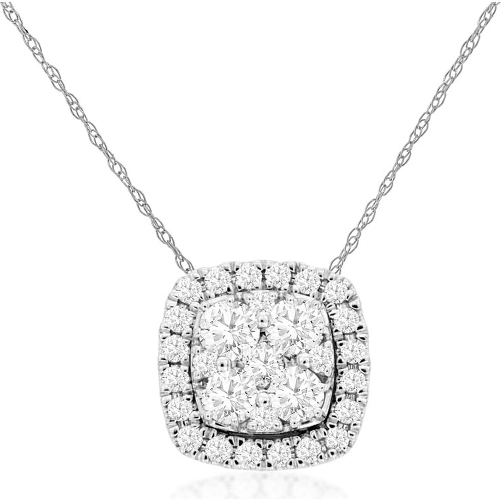 14K White Gold Halo Pendant Necklace with Cluster Round Diamonds - 0.35 Carat Total Diamond Weight - Royal Jewelry