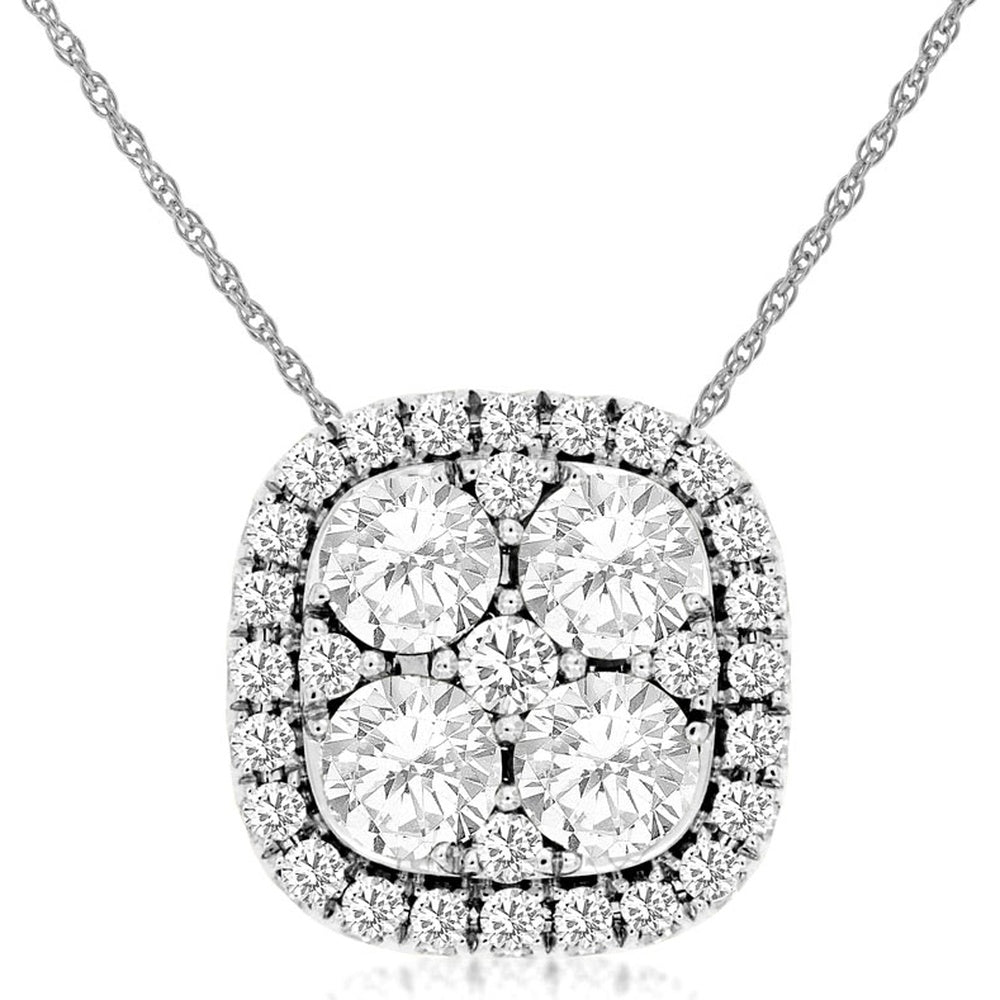 14K White Gold Halo Pendant Necklace with Cluster Set Round Diamonds - 2.00 Carat Total Diamond Weight - Royal Jewelry