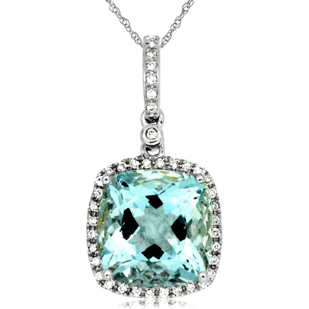 14K White Gold Halo Pendant Necklace with Cushion Cut Aquamarine and Round Diamond Accents - 3.40 Carat Aquamarine and 0.16 Carat Total Diamond Weight - Royal Jewelry