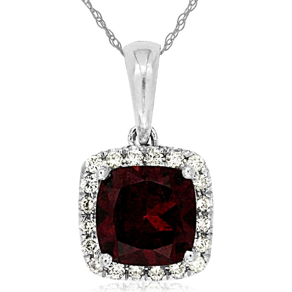 14K White Gold Halo Pendant Necklace with Cushion-Cut Garnet and Pavé-Set Round Diamonds - 1.20 Carat Garnet and 0.11 Carat Total Diamond Weight - Royal Jewelry