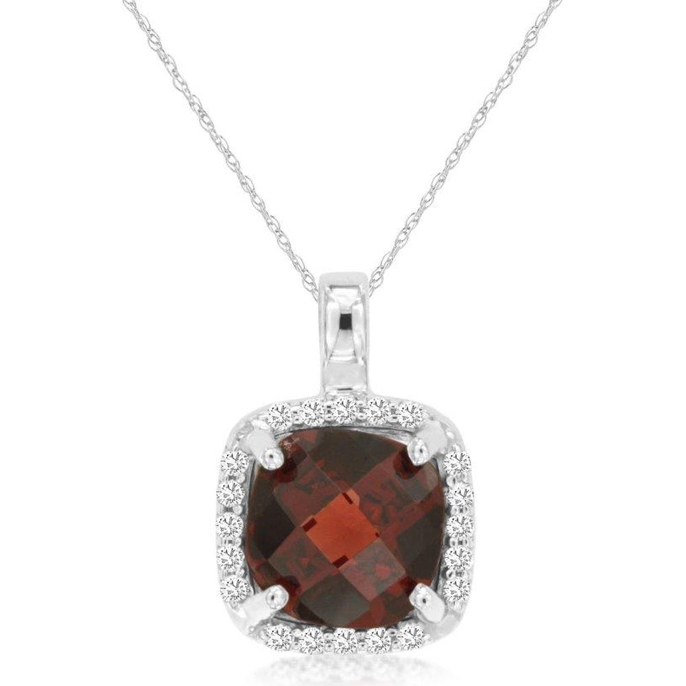 14K White Gold Halo Pendant Necklace with Cushion-Cut Garnet and Round Diamond Accents - 3.10 Carat Garnet and 0.13 Carat Total Diamond Weight - Royal Jewelry
