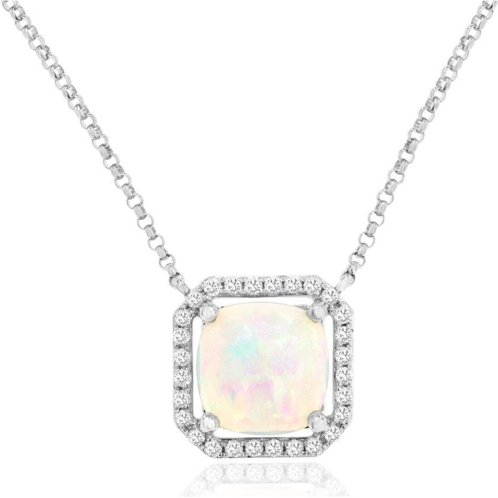 14K White Gold Halo Pendant Necklace with Cushion-Cut Opal and Round Diamond Accents - 1.40 Carat Opal and 0.14 Carat Total Diamond Weight - Royal Jewelry