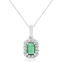 14K White Gold Halo Pendant Necklace with Emerald-Cut Emerald and Round Diamond Accents - 0.28 Carat Emerald and 0.10 Carat Total Diamond Weight - Royal Jewelry