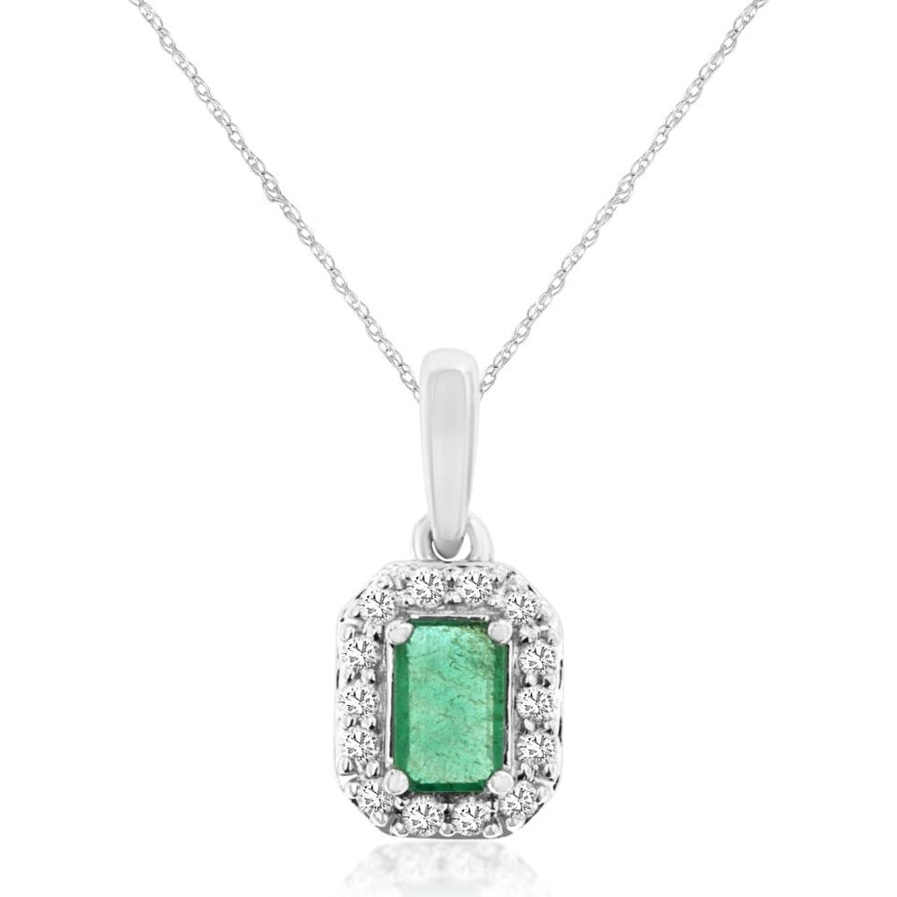 14K White Gold Halo Pendant Necklace with Emerald-Cut Emerald and Round Diamond Accents - 0.28 Carat Emerald and 0.10 Carat Total Diamond Weight - Royal Jewelry