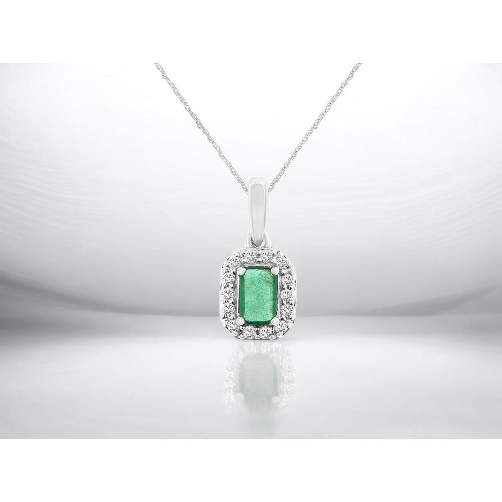 14K White Gold Halo Pendant Necklace with Emerald-Cut Emerald and Round Diamond Accents - 0.28 Carat Emerald and 0.10 Carat Total Diamond Weight - Royal Jewelry