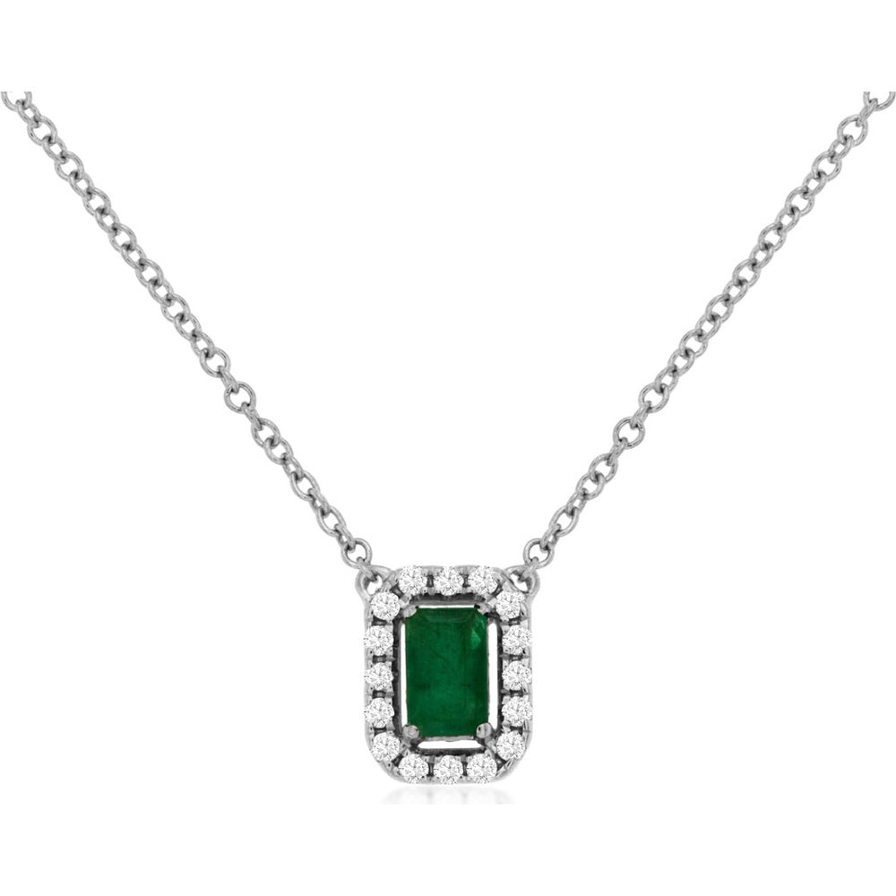14K White Gold Halo Pendant Necklace with Emerald Cut Emerald and Round Diamonds - 0.28 Carat Emerald and 0.11 Carat Total Diamond Weight - Royal Jewelry