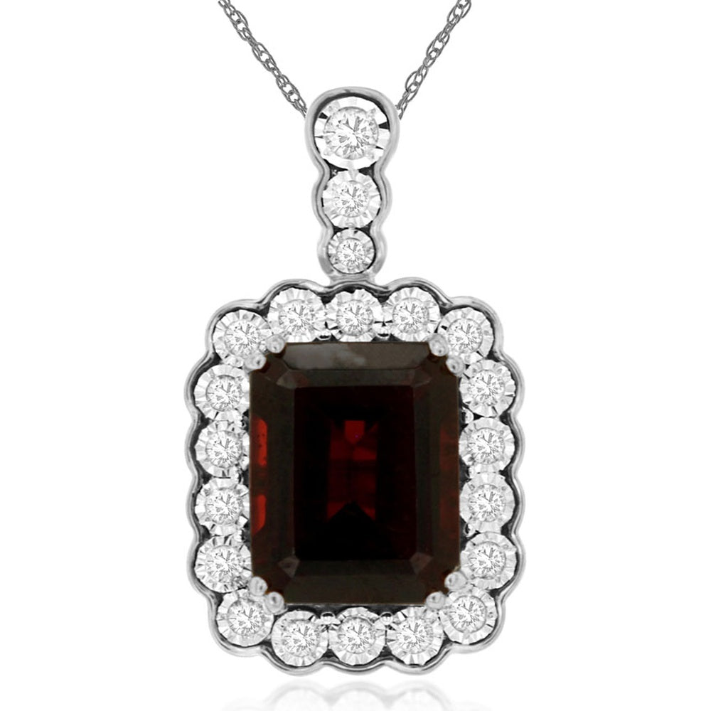 14K White Gold Halo Pendant Necklace with Emerald-Cut Garnet and Round Diamonds - 4.20 Carat Garnet and 0.25 Carat Total Diamond Weight - Royal Jewelry