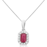 14K White Gold Halo Pendant Necklace with Emerald-Cut Ruby and Round Diamond Accents - 0.35 Carat Ruby and 0.10 Carat Total Diamond Weight - Royal Jewelry