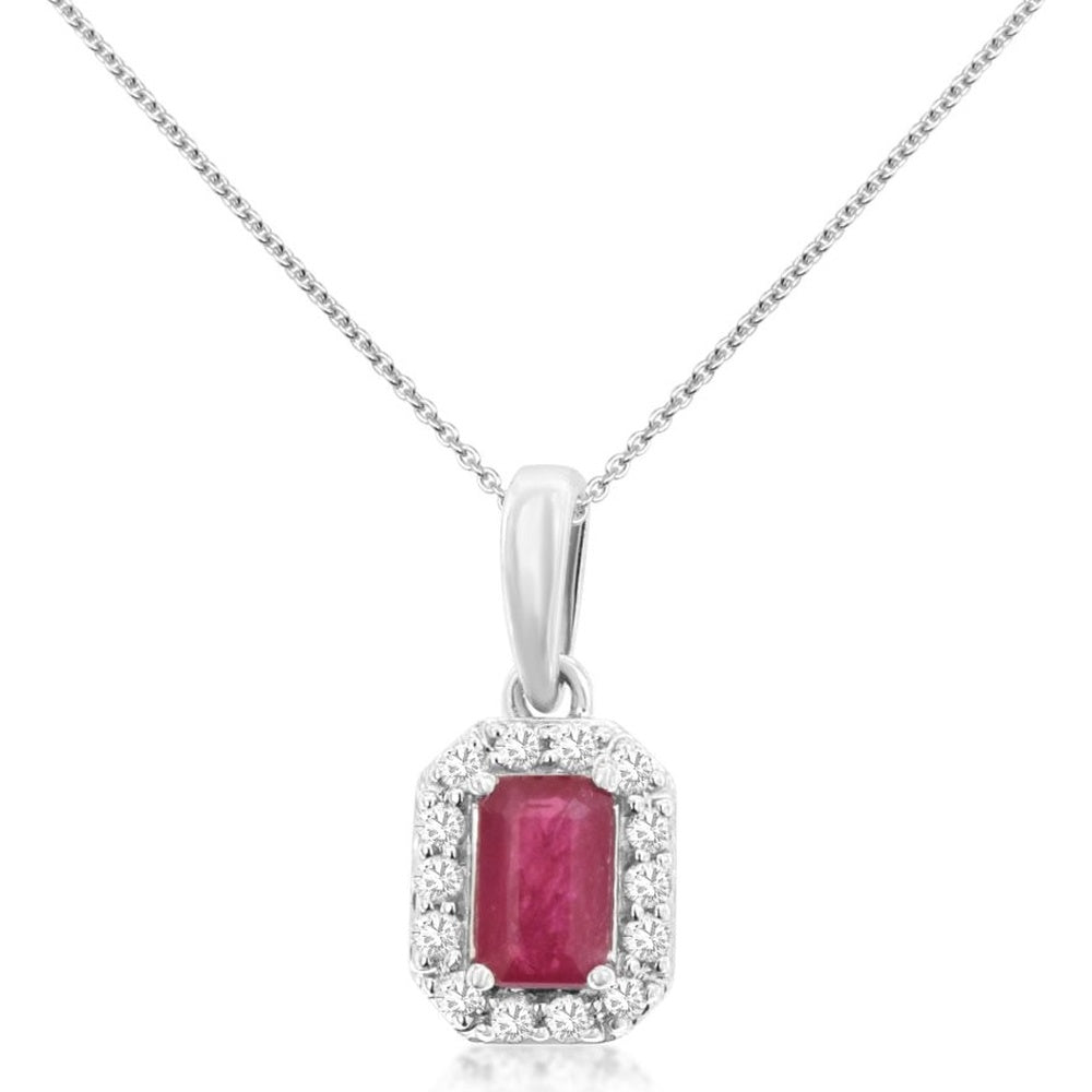 14K White Gold Halo Pendant Necklace with Emerald-Cut Ruby and Round Diamond Accents - 0.35 Carat Ruby and 0.10 Carat Total Diamond Weight - Royal Jewelry