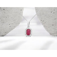 14K White Gold Halo Pendant Necklace with Emerald-Cut Ruby and Round Diamond Accents - 0.35 Carat Ruby and 0.10 Carat Total Diamond Weight - Royal Jewelry