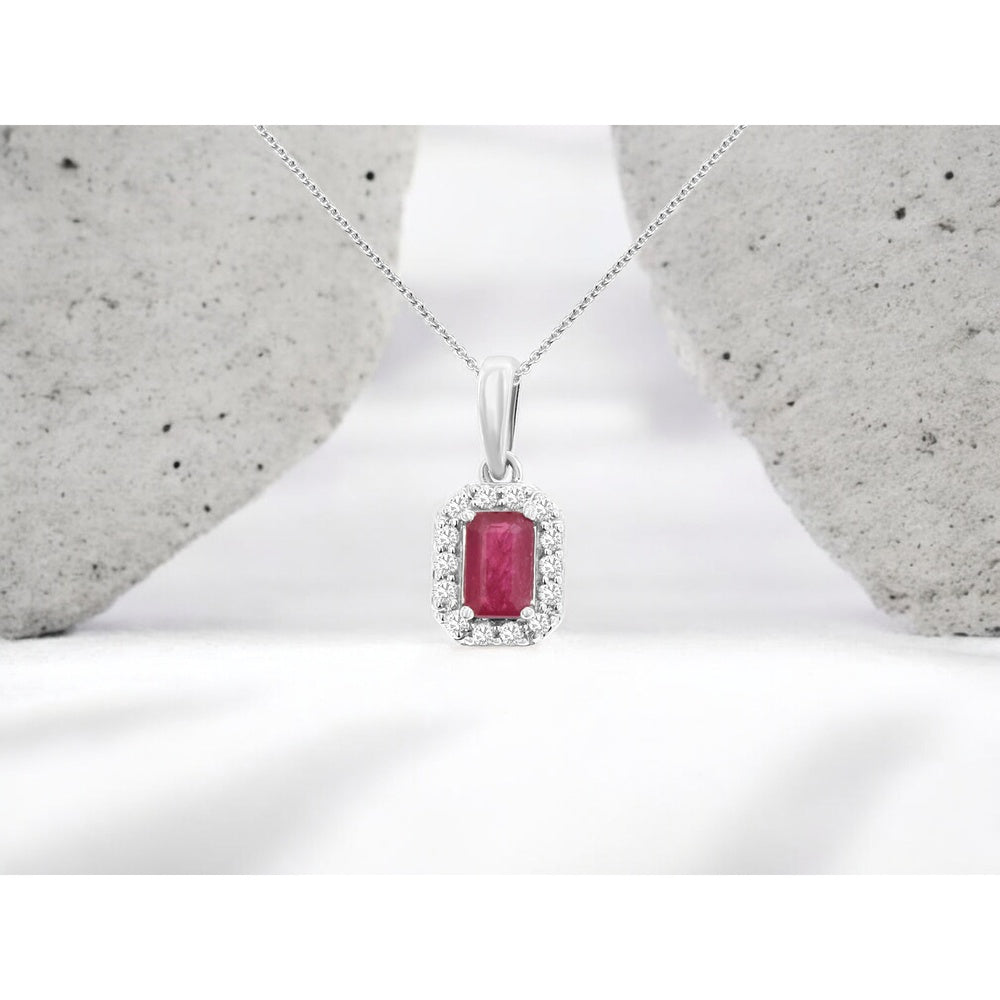 14K White Gold Halo Pendant Necklace with Emerald-Cut Ruby and Round Diamond Accents - 0.35 Carat Ruby and 0.10 Carat Total Diamond Weight - Royal Jewelry