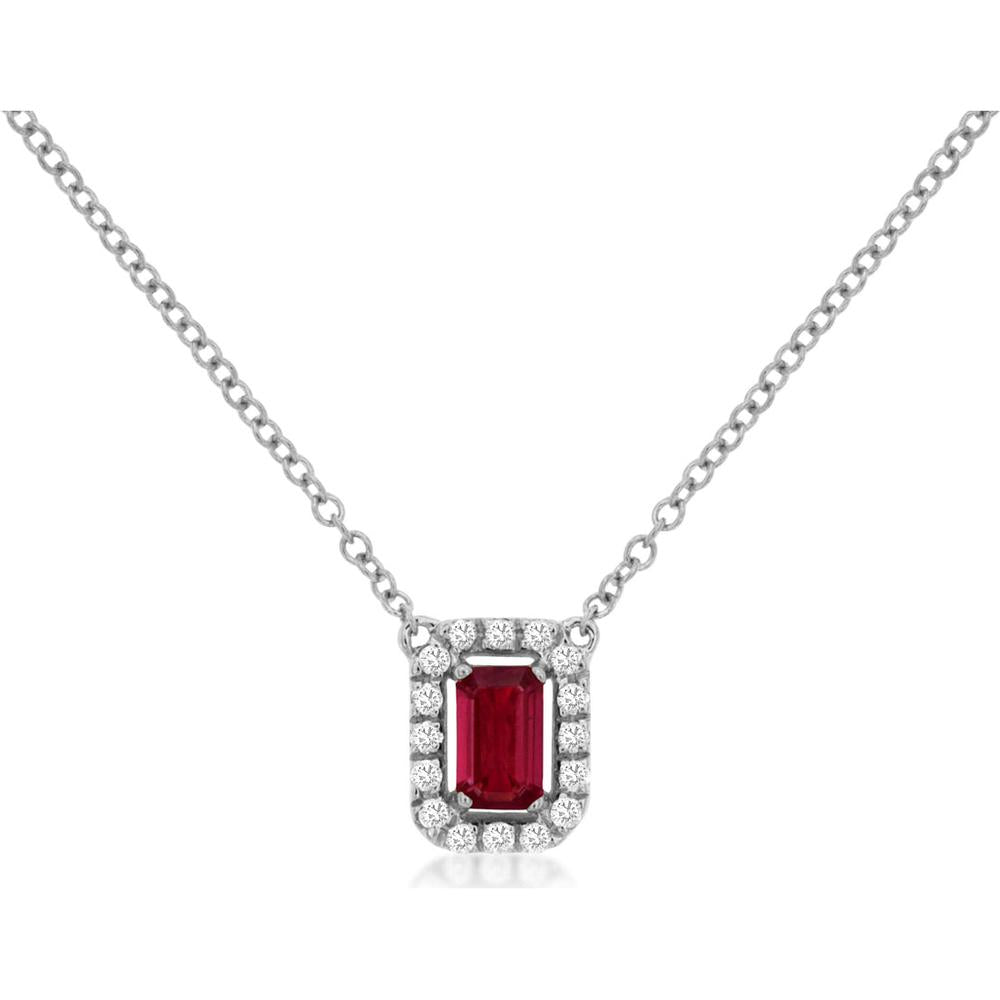 14K White Gold Halo Pendant Necklace with Emerald Cut Ruby and Round Diamonds - 0.35 Carat Ruby Total Weight and 0.11 Carat Diamond Total Weight - Royal Jewelry