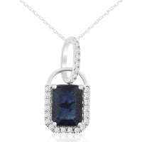 14K White Gold Halo Pendant Necklace with Emerald Cut Sapphire and Round Diamond Accents - 1.08 Carat Sapphire and 0.10 Carat Total Diamond Weight - Royal Jewelry