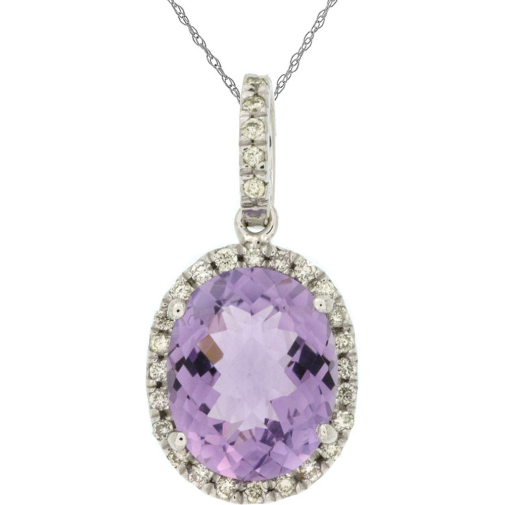 14K White Gold Halo Pendant Necklace with Oval Amethyst and Round Diamond Accents - 2.70 Carat Amethyst and 0.18 Carat Diamond Total Weight - Royal Jewelry