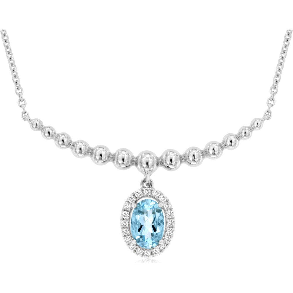 14K White Gold Halo Pendant Necklace with Oval Aquamarine and Round Diamond Accents - 0.42 Carat Aquamarine and 0.08 Carat Total Diamond Weight - Royal Jewelry