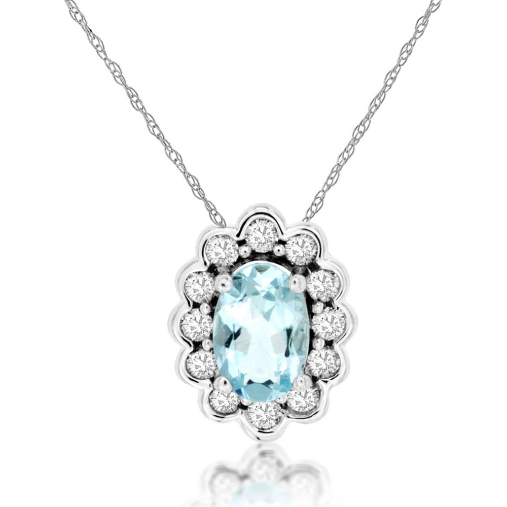 14K White Gold Halo Pendant Necklace with Oval Aquamarine and Round Diamonds - 0.42 Carat Aquamarine and 0.16 Carat Total Diamond Weight - Royal Jewelry