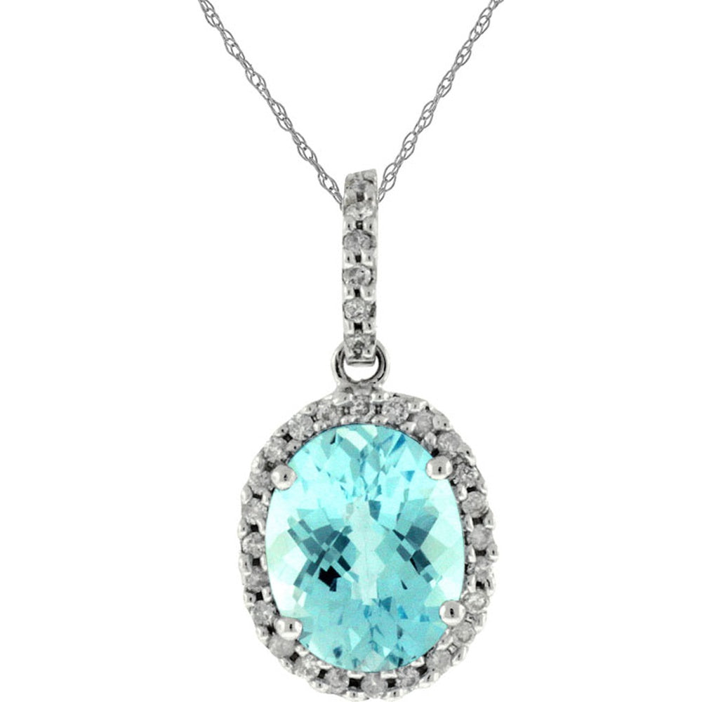 14K White Gold Halo Pendant Necklace with Oval Cut 3.10 Carat Blue Topaz and 0.18 Carat Round Diamond Accents - Royal Jewelry