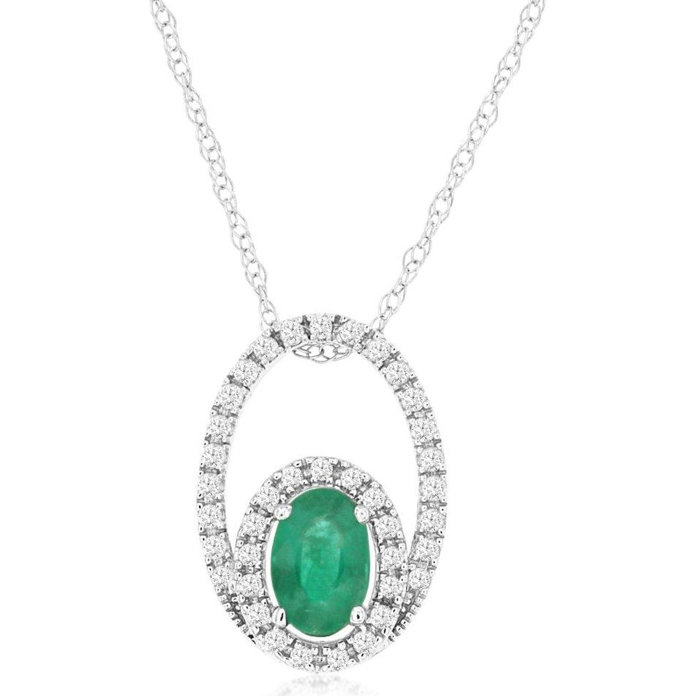 14K White Gold Halo Pendant Necklace with Oval-Cut Emerald and Round Diamonds - 0.44 Carat Emerald and 0.15 Carat Total Diamond Weight - Royal Jewelry