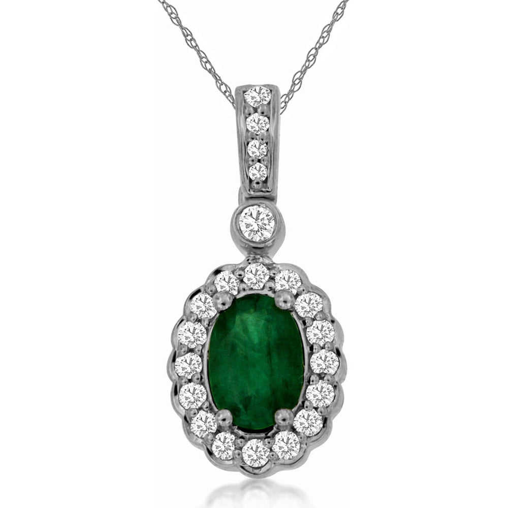 14K White Gold Halo Pendant Necklace with Oval-Cut Emerald and Round Diamonds - 0.70 Carat Emerald and 0.25 Carat Diamond Total Weight - Royal Jewelry