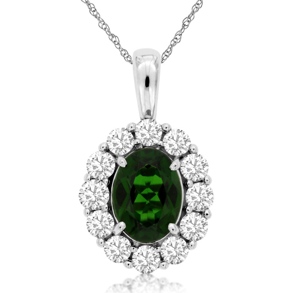 14K White Gold Halo Pendant Necklace with Oval Cut Russalite and Round Brilliant Diamonds - 1.30 Carat Russalite and 0.75 Carat Total Diamond Weight - Royal Jewelry
