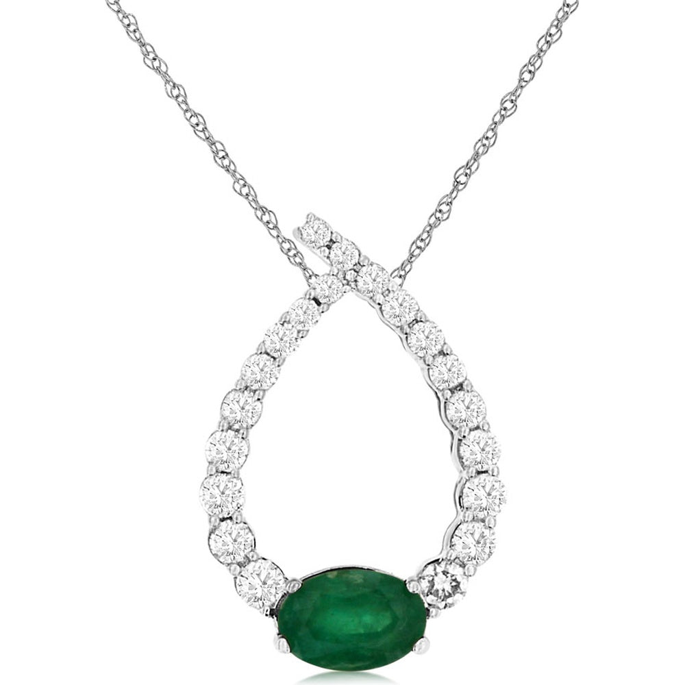 14K White Gold Halo Pendant Necklace with Oval Emerald and Round Diamonds - 0.44 Carat Emerald and 0.33 Carat Total Diamond Weight - Royal Jewelry