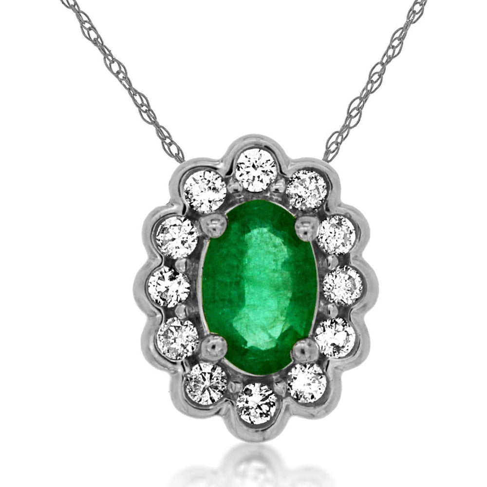 14K White Gold Halo Pendant Necklace with Oval Emerald and Round Diamonds - 0.45 Carat Emerald and 0.16 Carat Diamond Total Weight - Royal Jewelry