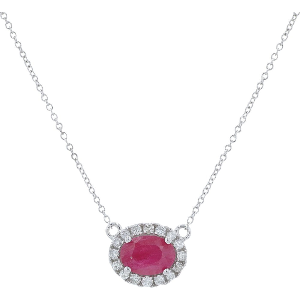 14K White Gold Halo Pendant Necklace with Oval Ruby and Pavé Diamonds - 1.00 Carat Total Ruby Weight and 0.16 Carat Total Diamond Weight