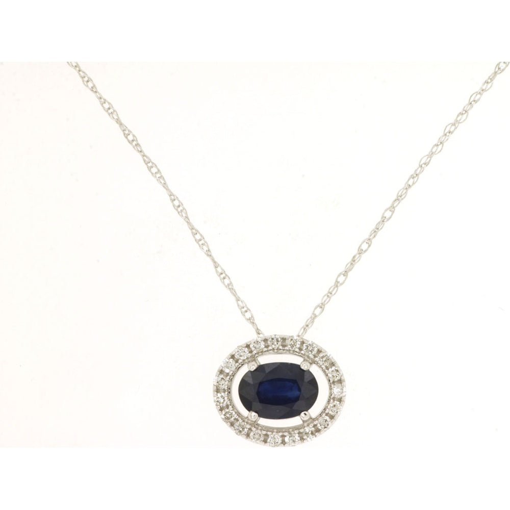 14K White Gold Halo Pendant Necklace with Oval Sapphire and Round Diamond Accents - 0.65 Carat Sapphire and 0.12 Carat Total Diamond Weight - Royal Jewelry