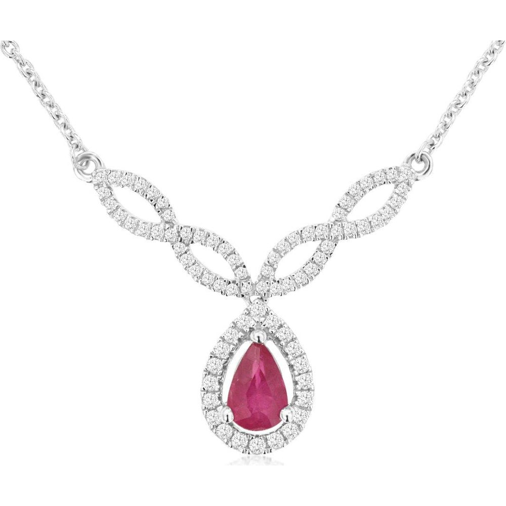 14K White Gold Halo Pendant Necklace with Pear-Shaped Ruby and Round Diamonds - 0.45 Carat Ruby and 0.25 Carat Total Diamond Weight - Royal Jewelry
