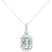 14K White Gold Halo Pendant Necklace with Rectangular Aquamarine and Prong-Set Round Diamonds - 0.23 Carat Aquamarine and 0.10 Carat Total Diamond Weight - Royal Jewelry