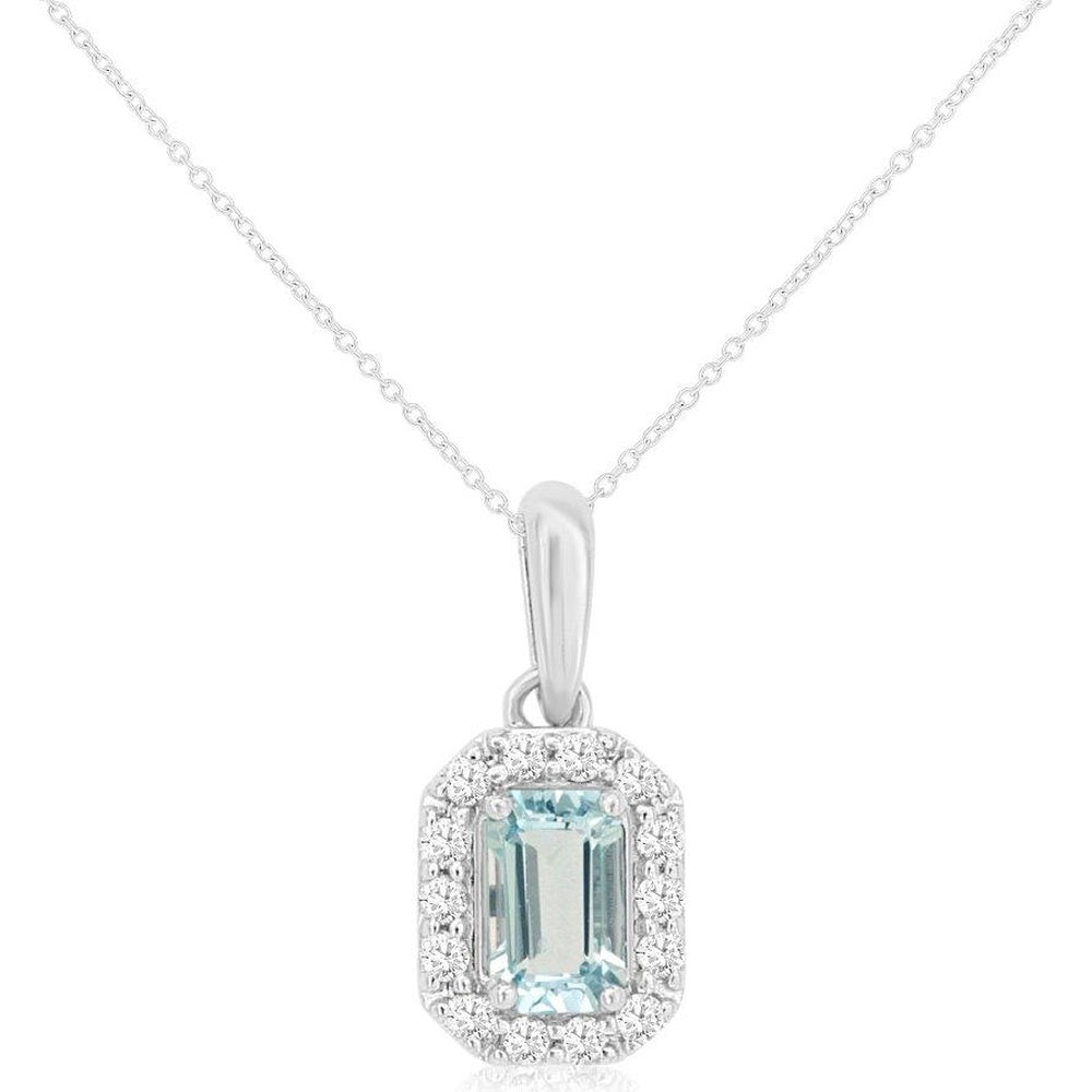 14K White Gold Halo Pendant Necklace with Rectangular Aquamarine and Prong-Set Round Diamonds - 0.23 Carat Aquamarine and 0.10 Carat Total Diamond Weight - Royal Jewelry