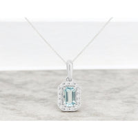 14K White Gold Halo Pendant Necklace with Rectangular Aquamarine and Prong-Set Round Diamonds - 0.23 Carat Aquamarine and 0.10 Carat Total Diamond Weight - Royal Jewelry