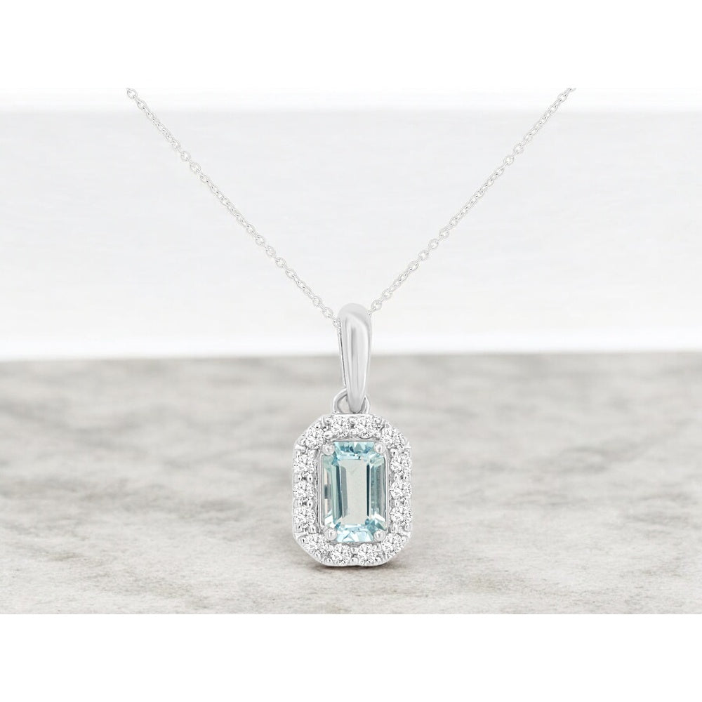 14K White Gold Halo Pendant Necklace with Rectangular Aquamarine and Prong-Set Round Diamonds - 0.23 Carat Aquamarine and 0.10 Carat Total Diamond Weight - Royal Jewelry