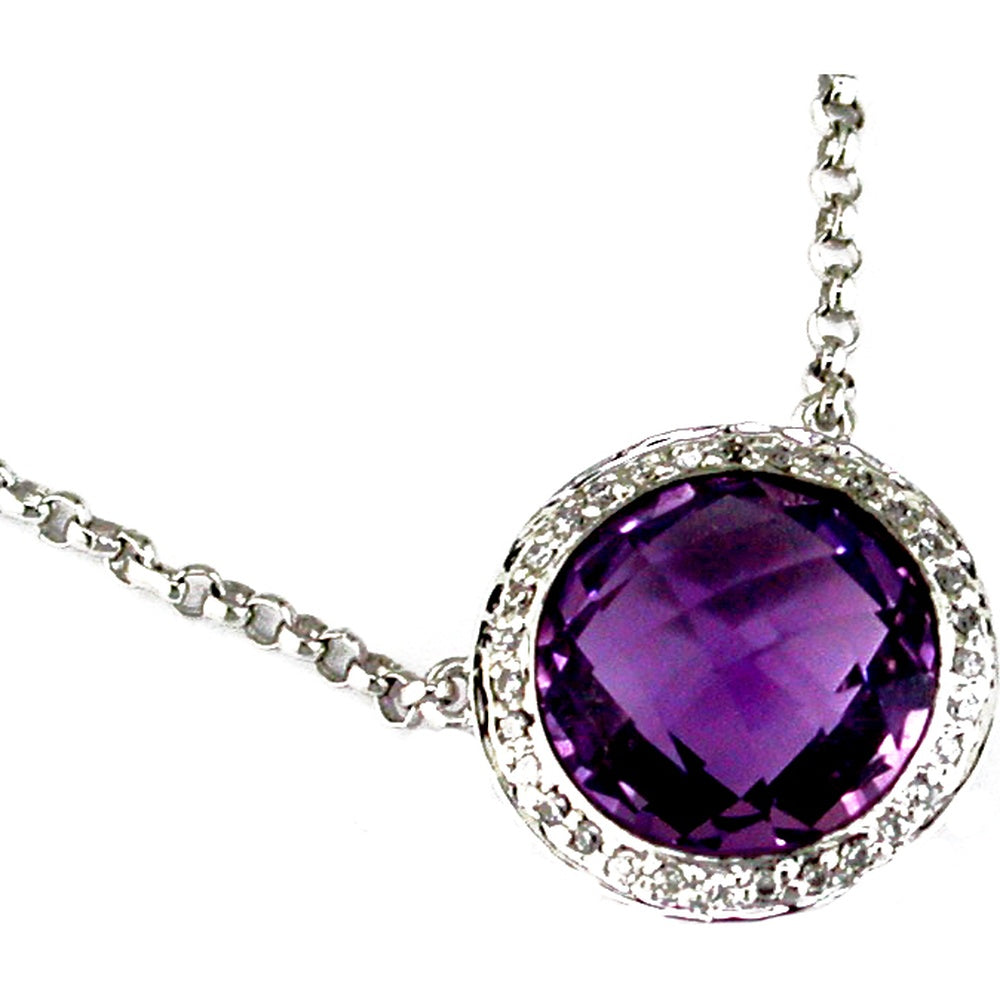 14K White Gold Halo Pendant Necklace with Round Amethyst and Diamond Accents - 4.00 Carat Amethyst and 0.08 Carat Total Diamond Weight - Royal Jewelry