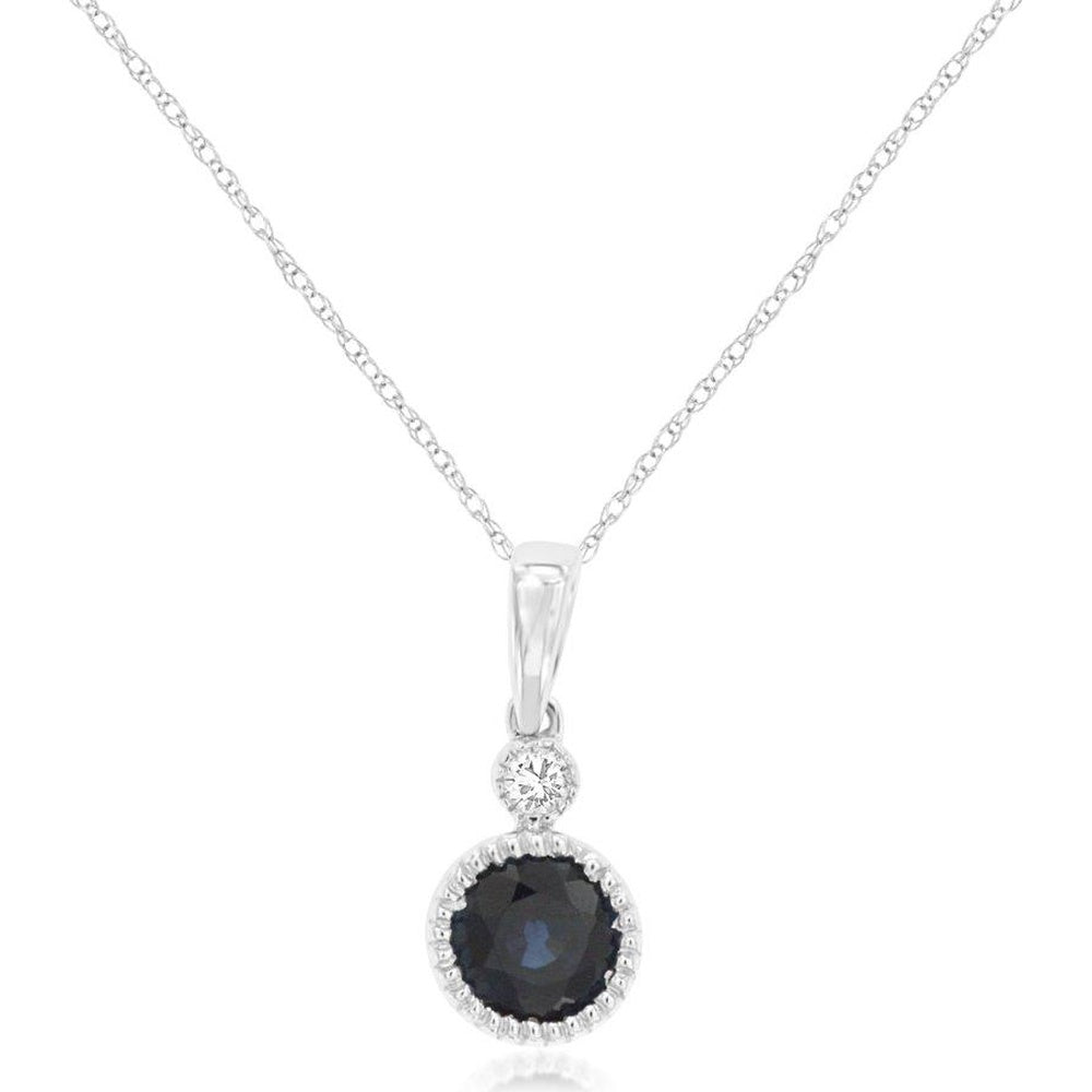 14K White Gold Halo Pendant Necklace with Round-Cut Sapphire and Diamond Accent - 0.65 Carat Sapphire and 0.03 Carat Diamond Total Weight - Royal Jewelry