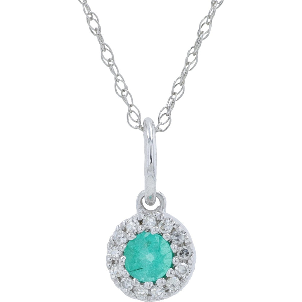 14K White Gold Halo Pendant Necklace with Round Emerald and 0.04 Carat Diamond Accents - 0.20 Carat Emerald Total Weight