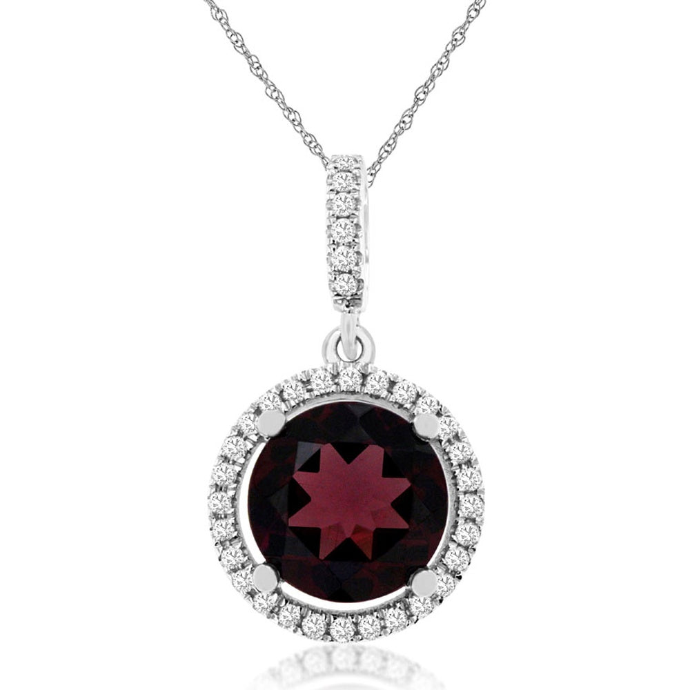 14K White Gold Halo Pendant Necklace with Round Garnet and Pavé Set Diamonds - 2.4 Carat Garnet and 0.13 Carat Total Diamond Weight - Royal Jewelry
