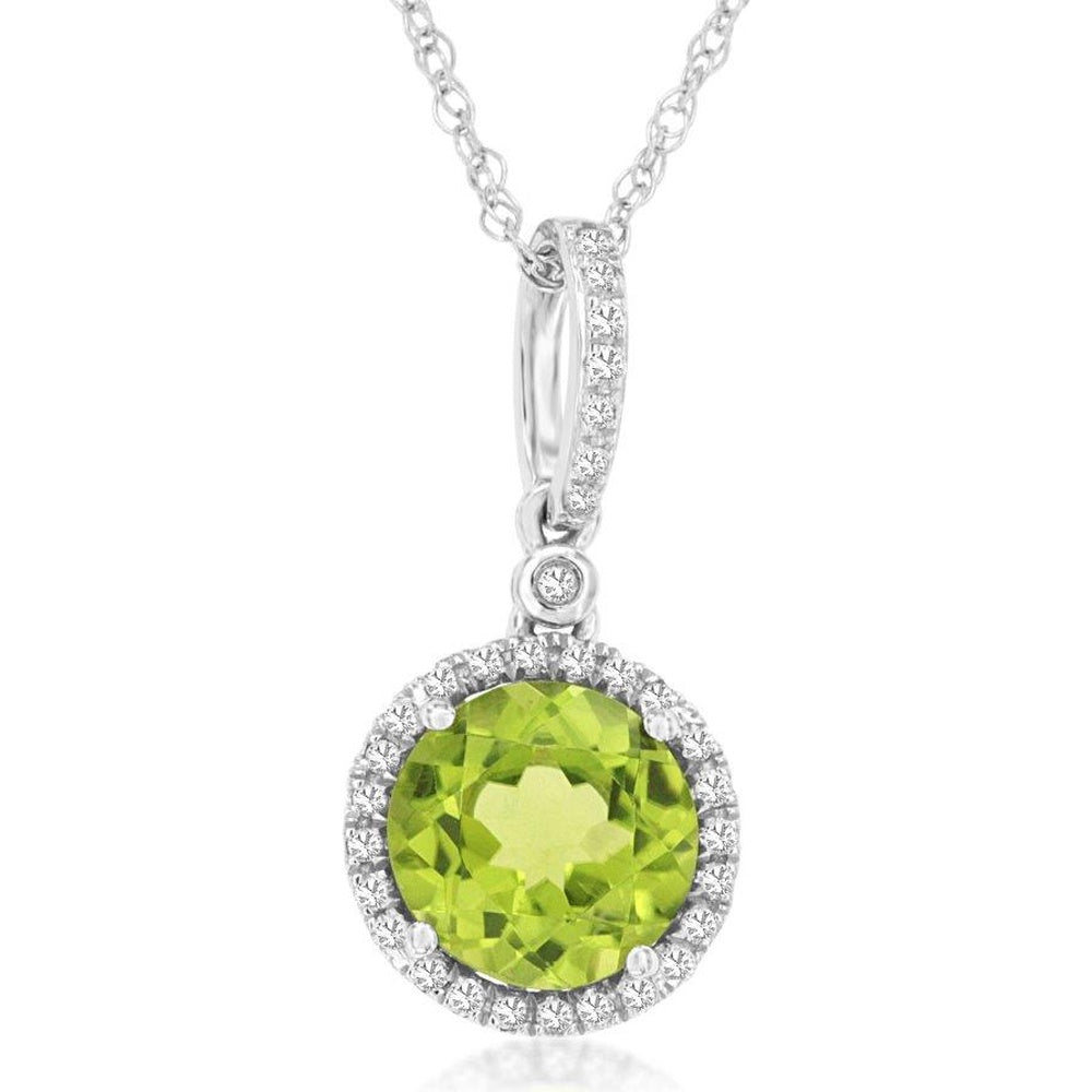 14K White Gold Halo Pendant Necklace with Round Peridot and Pavé-Set Diamonds - 1.80 Carat Peridot and 0.12 Carat Total Diamond Weight - Royal Jewelry